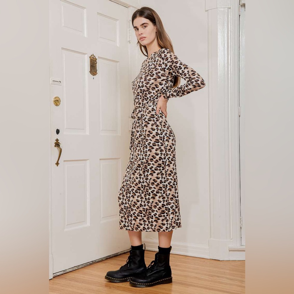 Long Sleeve Leopard Print Tie-Waist Dress - White/Tan/Black